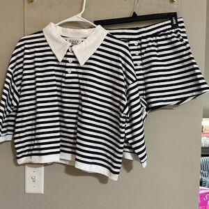Striped Collared Top and Shorts Set
